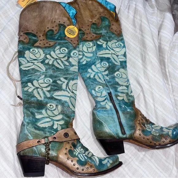 Corral Rose Brown Teal Embroidered Boots western Lace Cowboy Country 10.5 10 - Picture 8 of 11